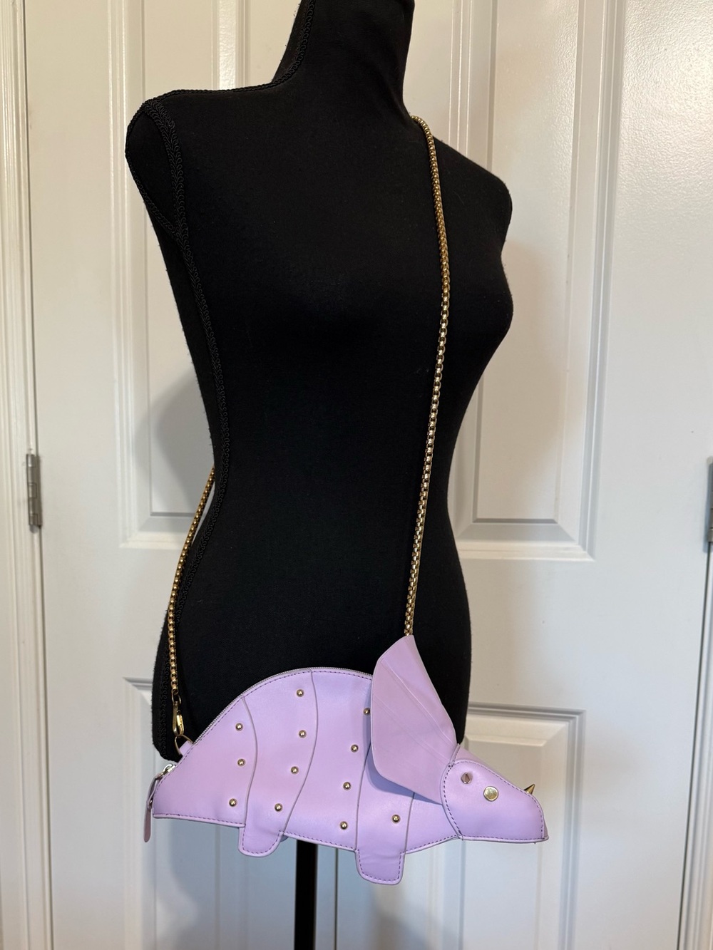 Triceratops Dinosaur Shaped Lavender Purple Shoulder Bag Gold Chain Zip Top